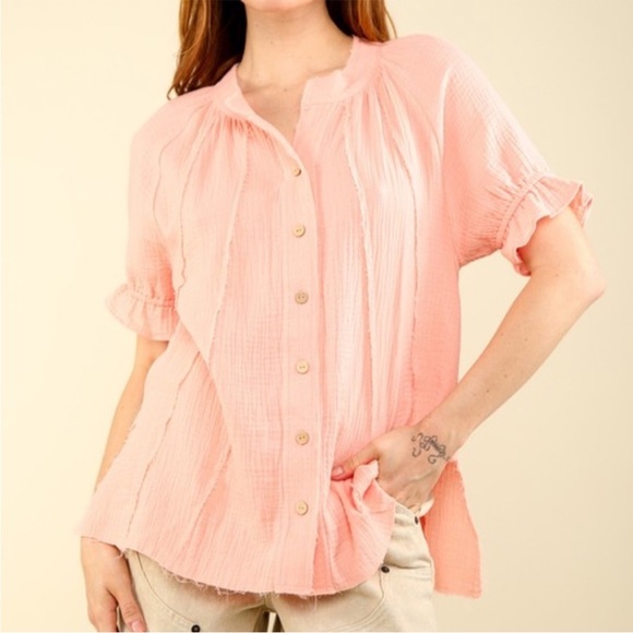 VERY J New In Puff Sleeve Cotton Gauze Shirt Peach - Picture 1 of 4